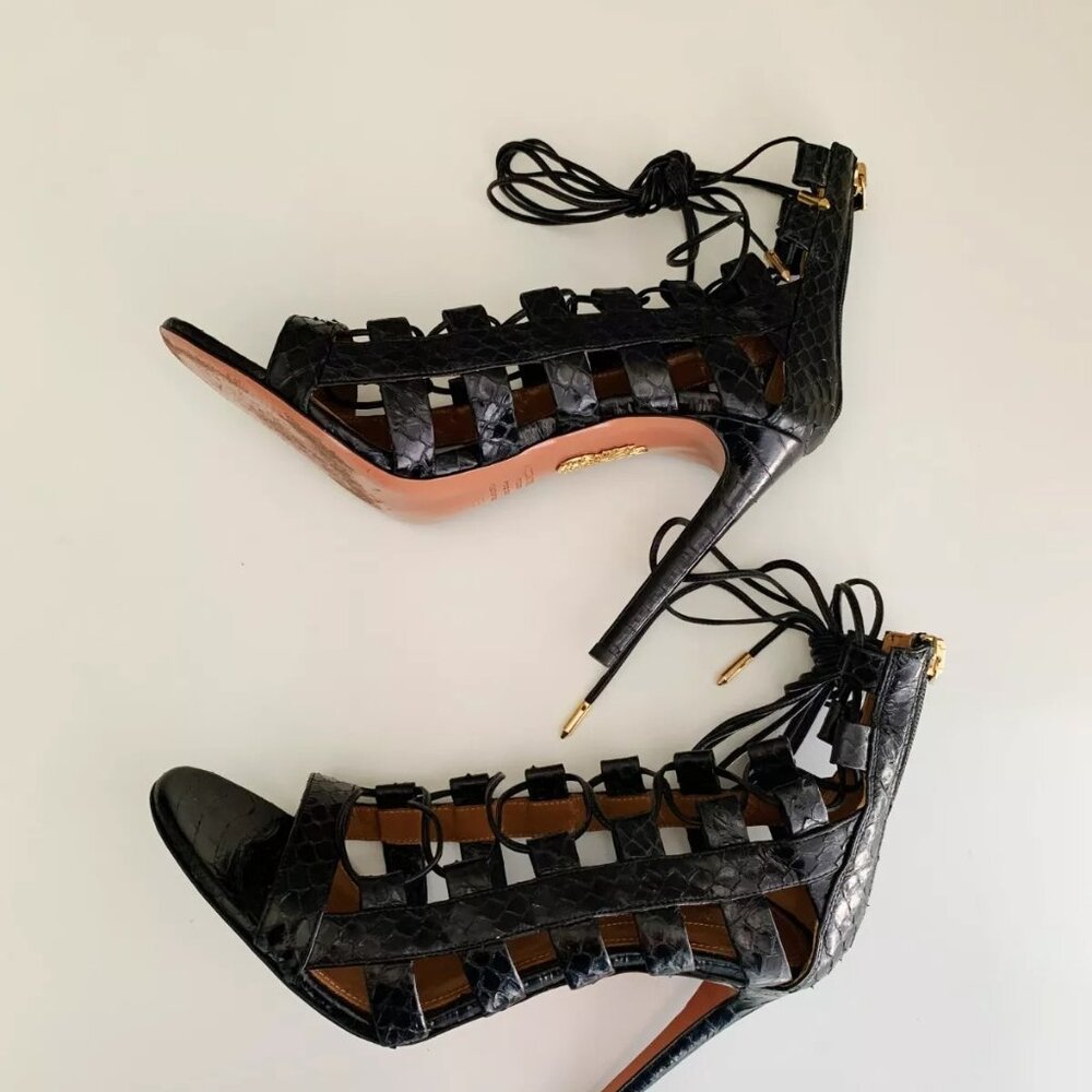 Women's Aquazzura Amazon Black Python Leather Str… - image 4